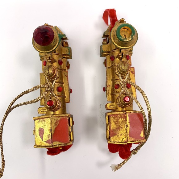 Lot 2 Vtg Koestel Golden Jeweled Train Engine Christmas Ornament W Germany Flaws - Picture 6 of 9